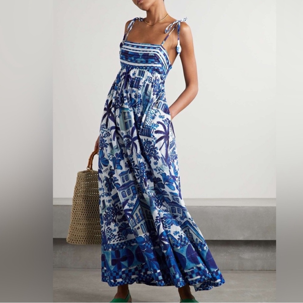 FARM RIO Sweet Rio MEDIUM Maxi Dress open back tie up blue white floral tropical